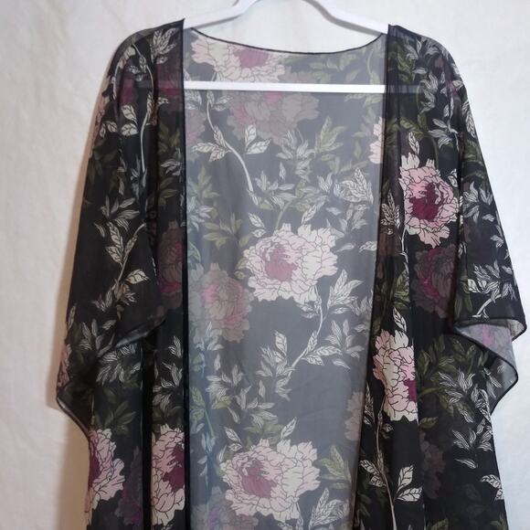 Hibluco Sheer Chiffon Black Floral Kimono Cardigan Long Swimwear Cover Up Sz 2XL - Picture 3 of 10